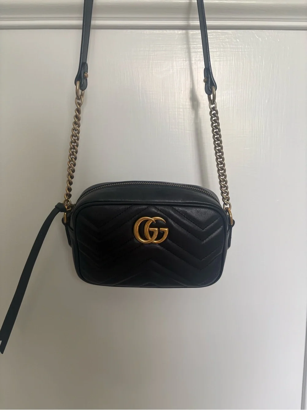 Gucci Calfskin Matelasse Mini GG Marmont Chain Shoulder Bag Black